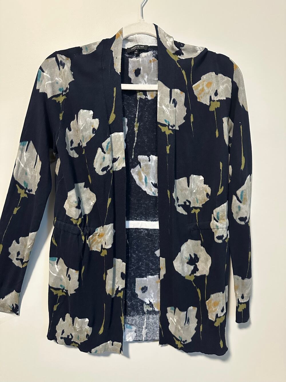 Lafayette 148 New York Cardigan P XS Navy Blue Floral Cotton Viscose Open Front